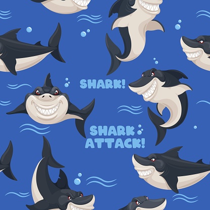 Shark seamless pattern. Sea predator, dangerous fish, smiling sharks. Wallpaper decor vector texture