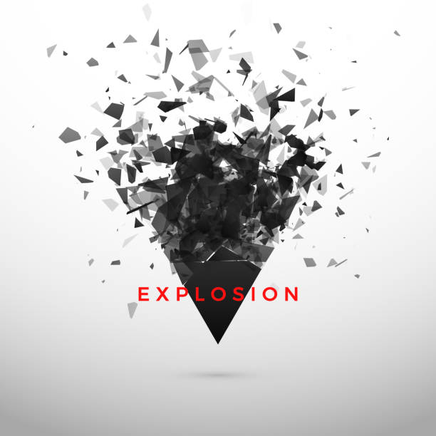 Shatter and destruction dark triangle effect. Abstract cloud of pieces and fragments after explosion. Vector illustration isolated on gray background Shatter and destruction dark triangle effect. Abstract cloud of pieces and fragments after explosion. Vector illustration isolated on gray background destruction stock illustrations