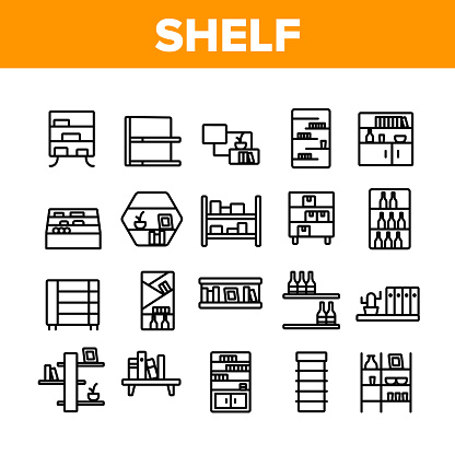 Shelf Room Furniture Collection Icons Set Vector. Shelf With Books And Drink, Documents And Domestic Plant, Shop Shelving And Bar Concept Linear Pictograms. Monochrome Contour Illustrations