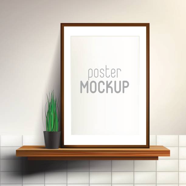 Shelf with poster mock up Shelf with poster mock up. Wooden shelf and print in frame on white wall with tiles and plant in ceramic black vase bathroom borders stock illustrations