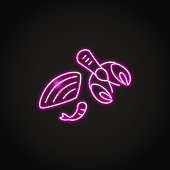 Shellfish icon in glowing neon style. Seafood symbols - shell, crayfish and shrimp. Vector illustration.