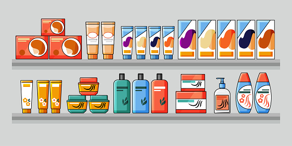 Shelves filled with hair and beauty products. Pharmacy aisle in the supermarket. Vector illustration