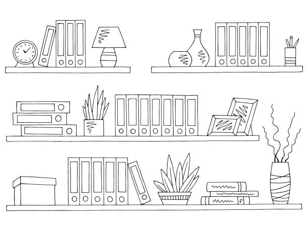 Shelves set graphic black white isolated office sketch illustration vector  drawing of a bookshelf stock illustrations