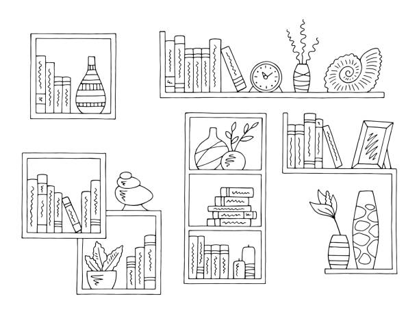 Shelves set graphic black white isolated sketch illustration vector  drawing of a bookshelf stock illustrations