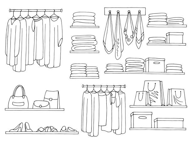 ilustrações de stock, clip art, desenhos animados e ícones de shelves set graphic black white isolated sketch wardrobe illustration vector - clothes wardrobe