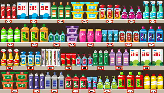Shelves with household chemicals in shop