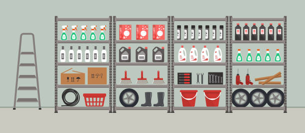 Shelving with household goods. Storage room. Warehouse racks vector art illustration