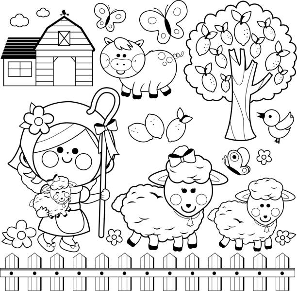 Shepherdess girl and animals at the farm, Black and white coloring book page Set of farm animals and farmer girl shepherdess. Child, farm animals, sheep, pig, bird, tree, farm building, butterflies, lemon tree and a pink wooden fence. Black and white coloring book page black white barn drawing stock illustrations