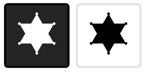 ilustraciones, imágenes clip art, dibujos animados e iconos de stock de icono de insignia del sheriff en el botón negro con el rollover blanco - police badge
