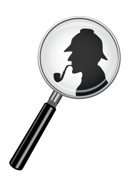 Sherlock Holmes In Magnifying Glass A realistic magnifying glass design with a Sherlock Holmes silhouette isolated on a white background eye silhouettes stock illustrations