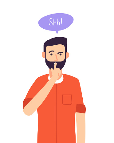 Shh man. Business secret, serious male with silence hand gesture at closed mouth. Silence please keep quiet vector concept