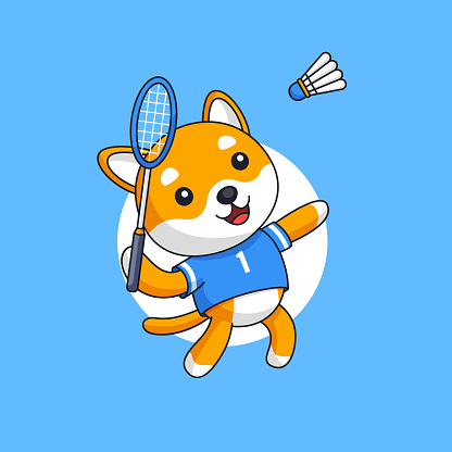 Shiba dog jump smash play badminton animal sport character mascot vector outline illustration. Orange dog wearing uniform and use racket and shuttlecock cartoon design