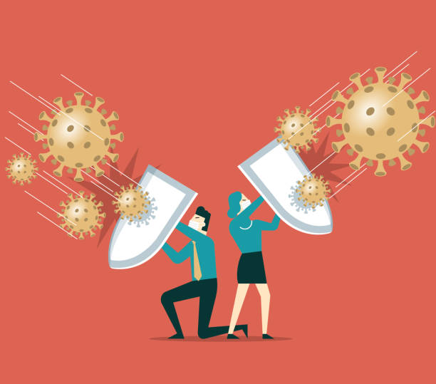 Shield against coronavirus People holding shields and wearing protective masks together to fight the new coronal pneumonia virus covid-19 stock illustration guarding stock illustrations