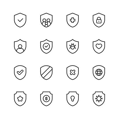 16 Shield Outline Icons. Shield, Badge, Achievement, Antivirus Software, Award, Coat of Arms, Decoration, Defending, Firewall, Frame, Honour, Insignia, Label, Privacy, Protection, Retro Style, Royalty, Safety, Security, Service, Sticker, Web Banner, Logo, Military, Ornate, Traditional Armour, Prevention, Defense, Guard, Equipment, Danger, Emblem, Guardian, Insurance, Hospital, Healthcare, Coronavirus, Family, Savings, Bug.