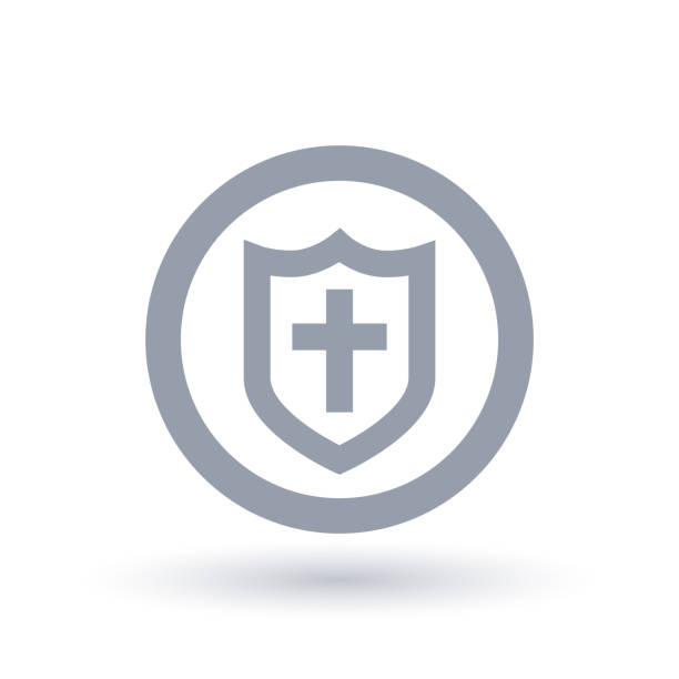 Shield of salvation icon Shield of salvation icon. Armor of God symbol. Christian church faith sign with cross and protective guard in circle outline. Vector illustration. armour of god stock illustrations
