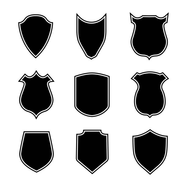 Shield shapes. Crest and badge of security. Set of black emblem, silhouette for military, police and soccer. Logo of safety, medieval armour. Heraldic label and frame. Medal or insignia. Vector Shield shapes. Crest and badge of security. Set of black emblem, silhouette for military, police and soccer. Logo of safety, medieval armour. Heraldic label and frame. Medal or insignia. Vector. armored clothing stock illustrations