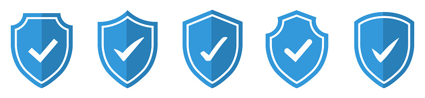 Shield with a checkmark. Protection and security symbol. Set of flat vector icons. Safety confirmation. Vector illustration.