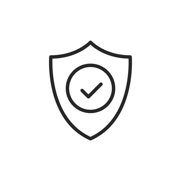 확인 표시 줄 아이콘와 방패. 보안, 신뢰성, 보호, 안전 개념입니다. 간단한 얇은 라인 디자인입니다. 벡터 아이콘 - 신뢰성 stock illustrations