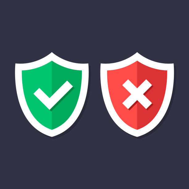 Shields and check marks icons set. Red and green shield with checkmark and x mark, cross mark. Protection, safety, security, reliability concepts. Modern flat design graphic elements. Vector icons Shields and check marks icons set. Red and green shield with checkmark and x mark, cross mark. Protection, safety, security, reliability concepts. Modern flat design graphic elements. Vector icons shielding stock illustrations
