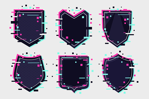 Coat of arm collection. Shields icon set. Glitch style vector emblem.