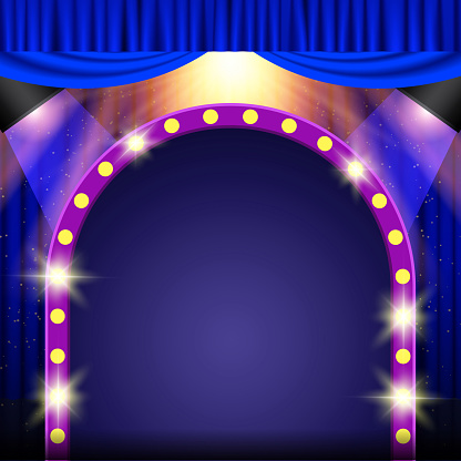 Shining abstract background with blue glow spotlights, platform and retro banner. Design for presentation, concert, show