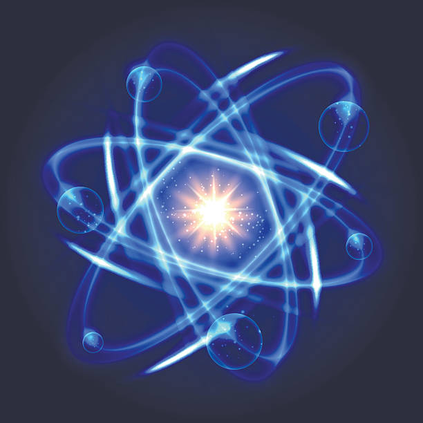 Shining nuclear atom model Vector atom icon. Shining nuclear atom model proton stock illustrations