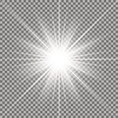 Sunlight with lens flare effect, shining star on transparent background