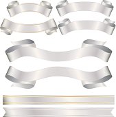 Set of 8 shiny banners, ribbons, stickers - shiny silver metallic satin with OPTIONAL gold trim. Copy space.