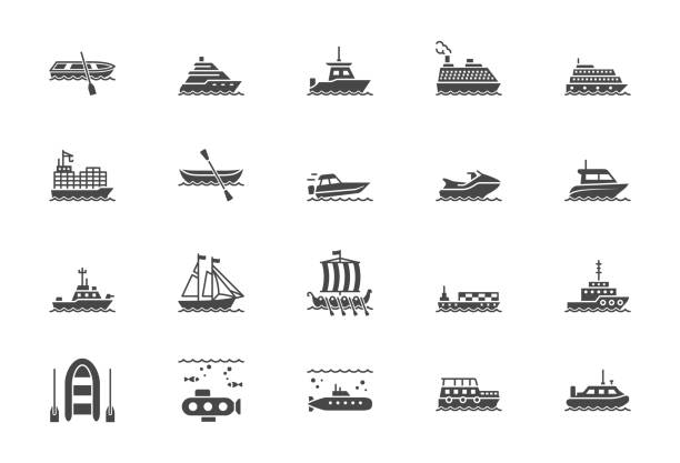 ilustrações, clipart, desenhos animados e ícones de navio, ícones da silhueta do barco. a ilustração do vetor incluiu ícone como iate, cruzeiro, transporte de carga, submarino, balsa, canoa, pictograma preto da escuna para transporte aquático - speed boat versus sail boat
