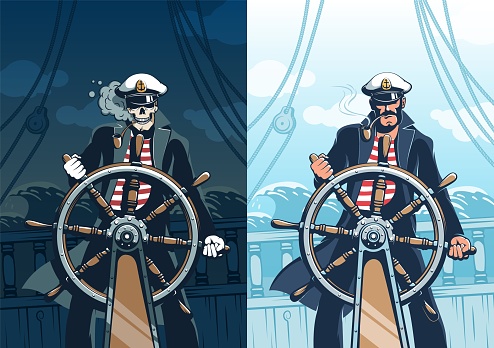 Ship Captain at helm against sea background