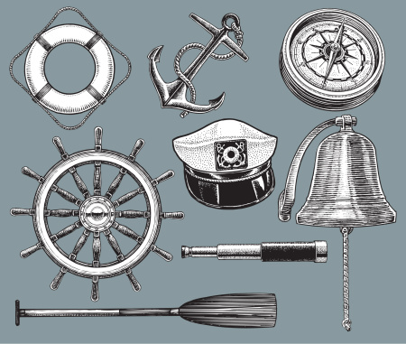 Ship Equipment - Anchor, Life Preserver, Compass