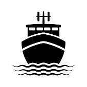 Ship icon. Fishing boat. Black silhouette. Front view. Vector flat graphic illustration. The isolated object on a white background. Isolate.