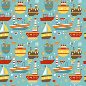 Ship pattern flat illustration. Children surface design and fabric pattern series.