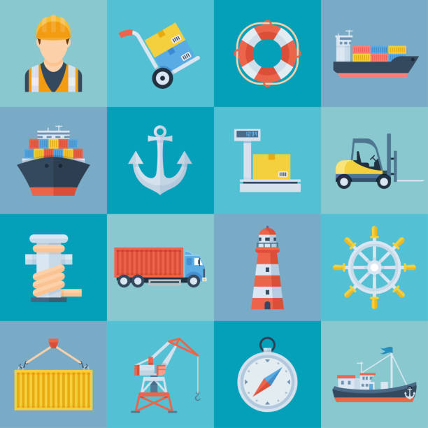 ilustrações de stock, clip art, desenhos animados e ícones de ship port icon set - porto
