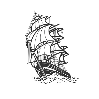 Ship, sailboat. Black and white illustration.