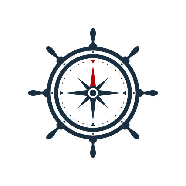 Ship wheel compass rose design Ship wheel and compass rose on white background. Nautical icon design. steering wheel stock illustrations