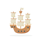 ship with white sails. Flat style vector icon. Vector illustration
