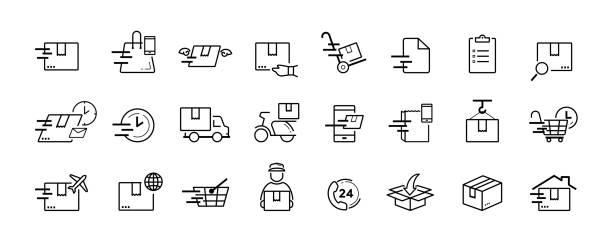 Shipping and delivery service vector icon set Shipping and delivery service vector icon set on white background truck icons stock illustrations