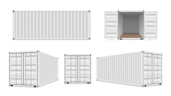 Shipping cargo containers with open, closed doors realistic set. Reusable large intermodal steel freight boxes for storage, transportation. Front, side, three quater view. Vector isolated collection.