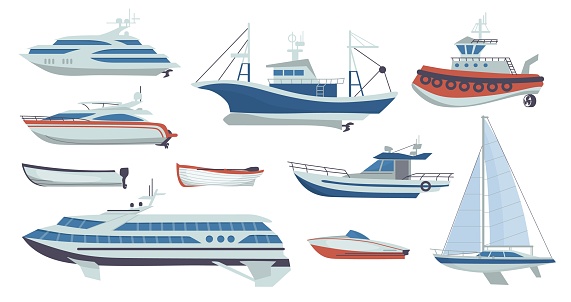 Ships and boats. Cartoon passenger transport. Side view of sailboat or fishing vessel. Sea vehicle types set. Yacht and ocean travel cruise liner template. Vector motorboats collection