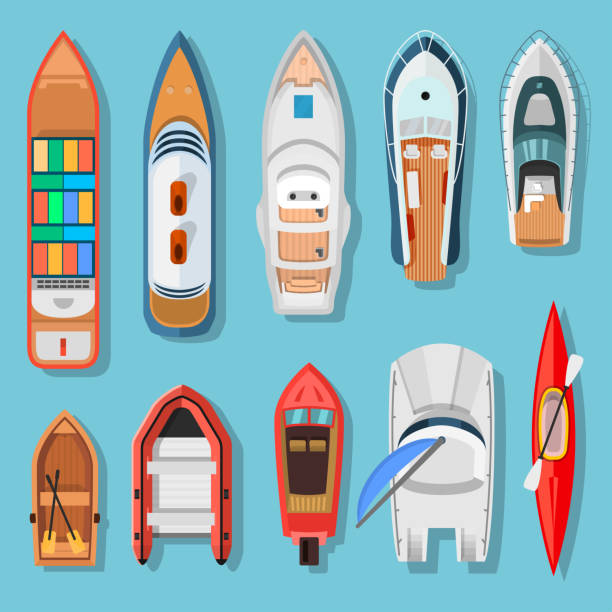 Ships and boats top view Ships and boats top view. Transport for travel on water surface, vessels above the sea or ocean background. Vector flat style cartoon illustration isolated on blue background above stock illustrations