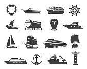 Ships or marine vessel icons. Collection of maritime transportation and seafaring symbols or signs - cruise yacht, trawler, lifebuoy, sailboat, anchor, lighthouse. Monochrome vector illustration.