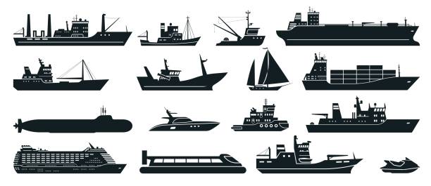 Ships silhouette. Cargo ship with shipping containers, tourist cruise ship, commercial fishing vessel, yacht. Water transportation vector set Ships silhouette. Cargo ship with shipping containers, tourist cruise ship, commercial fishing vessel, yacht. Water transportation vector set. Liner for voyage, fisher boat, water scooter sea silhouettes stock illustrations