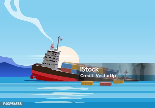 istock Shipwreck of cargo ship in ocean, vessel going under water and goods containers. Marine transport crash, vector 1403956588