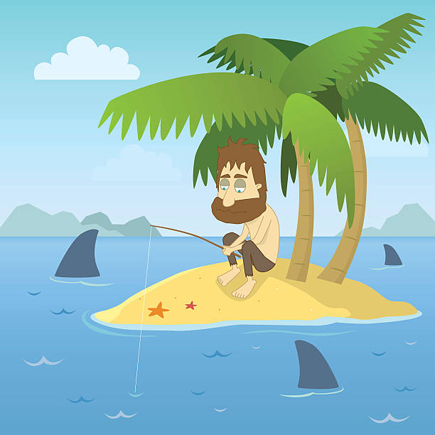 Shipwrecked Guy Vector illustration of a shipwrecked person who has found himself stranded on a desert island with no chance of escape. desert island stock illustrations