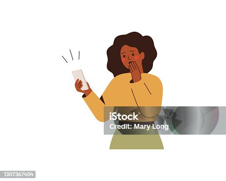 istock Shocked Black woman looks at mobile phone with fear and anxiety. African American girl looks at her smartphone with amazing expression. 1307367404