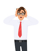 Shocked/amazed young business man holding hands on head and keeping mouth open. Headache pain or stress. 
Human emotions, facial expressions, feelings concept illustration in vector cartoon style.