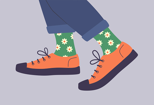 Shoe pair, boots, footwear. Canvas shoes, sneakers with colored socks and jeans. Сolor fashion style high-top and low-top sneakers. Lace-up shoes. Walking. Colorful isolated flat vector illustration.