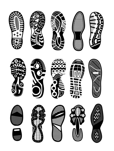 Shoe sole icon set isolated on white background Shoe sole. Foot print tread, boots, sneakers, trekking or running shoe illustration. Human footprint silhouette icon set isolated on white background. Vector footwear trace collection. Step imprint military drawings stock illustrations