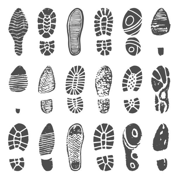 stockillustraties, clipart, cartoons en iconen met schoenen voetafdruk silhouet. sneaker schoenen stap, boot schoen stappen impressum en man voeten wandelen laarzen geïsoleerde vectorillustratie - muddy shoes